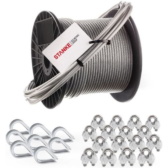 Câble Acier Inoxydable 50 Mètres – 2 Mm, 7x7 Torons, 275 Kg De Résistance, 30 Manchons De Sertissage Inclus