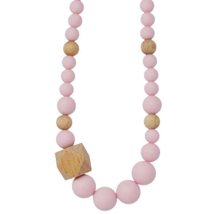 Collier d'allaitement - bijou silicone de dentition - Rose et bois - sans BPA ni phtalates - certifié en laboratoire français