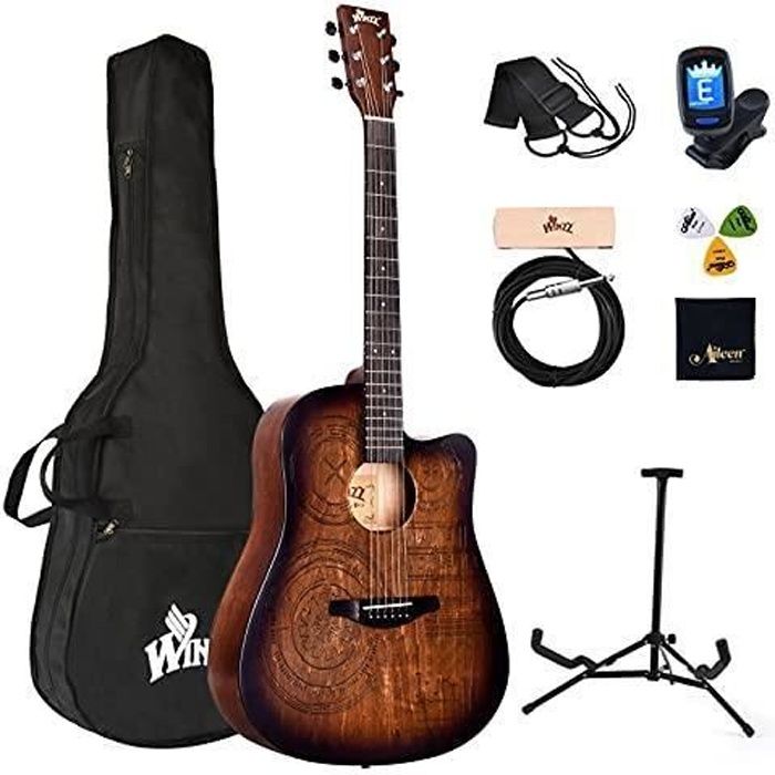 Winzz 4/4 Guitare Folk Débutant, Guitare Acoustique Adulte 41 Pouces, Guitare Country et Folk (Gravure Vintage)