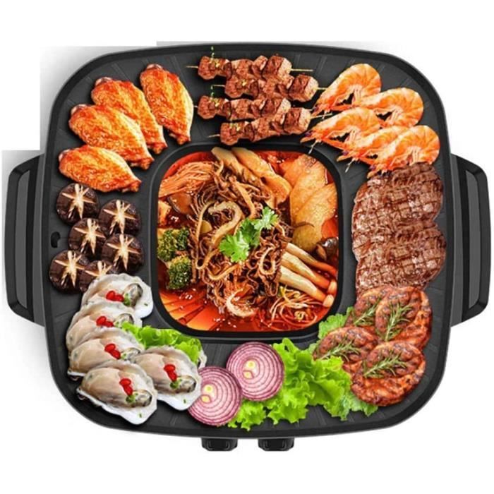 Fikujap Barbecue Électrique Multifonction Hot Pot Coréen Style BBQ Poke Hot Pot Antiadhésifs Puissant Stovetop Grill Pot Double
