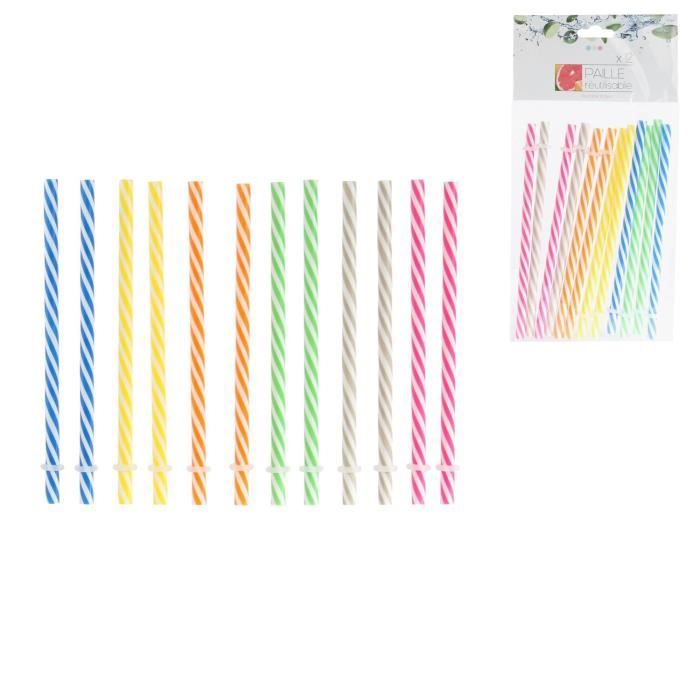 Set de 12 Paille Reutilisable Multicolore - Boisson Soda Verre - 178