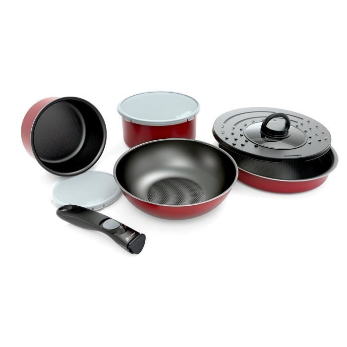 BACKEN Set de poêles et casseroles avec poignée amovible - Set 8 Pièces Rouge -Tous feux dont induction