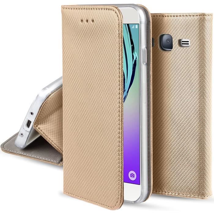 Coque a Rabat Samsung J3 2016, Or - Housse Étui Fin Smart Magnétique Porte-Cartes et SupportP