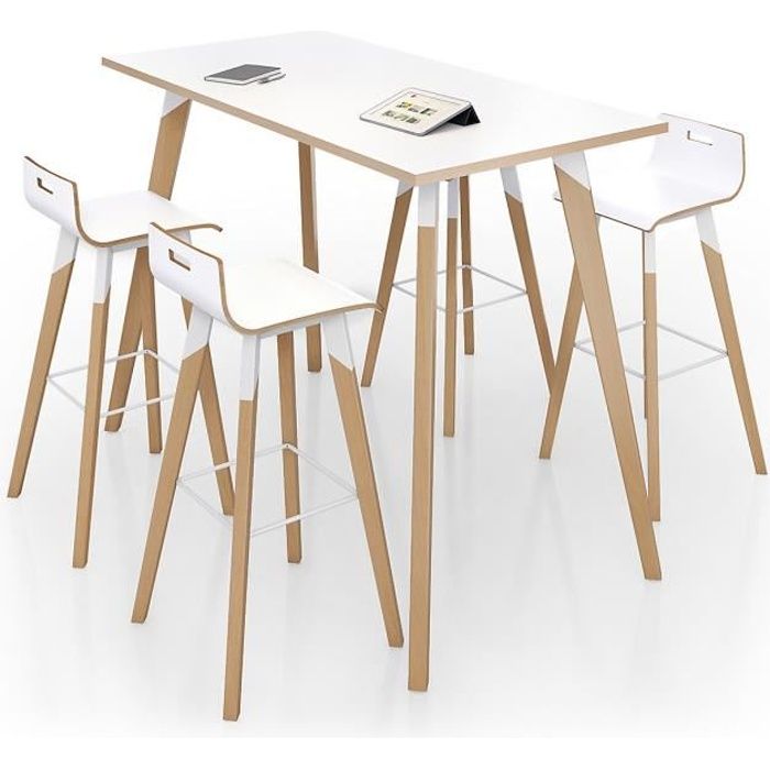 EOL - Table haute rectangulaire Evasion 160 x 80 cm -Plateaux Stratifié blanc - table appoint scandinave bois blanc métal design