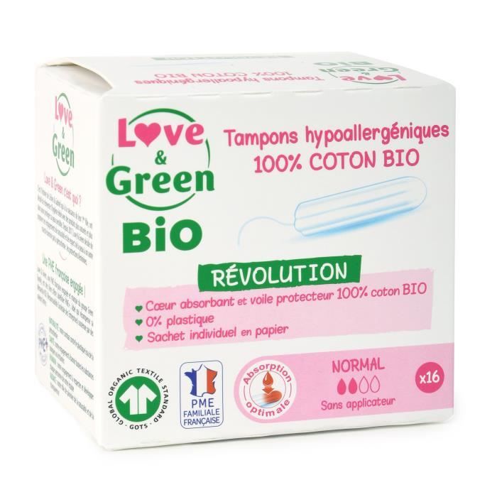 LOVE & GREEN Tampons hypoallergéniques - 100% coton BIO certifiés GOTS - -NORMAL- Digital - 16 tampons