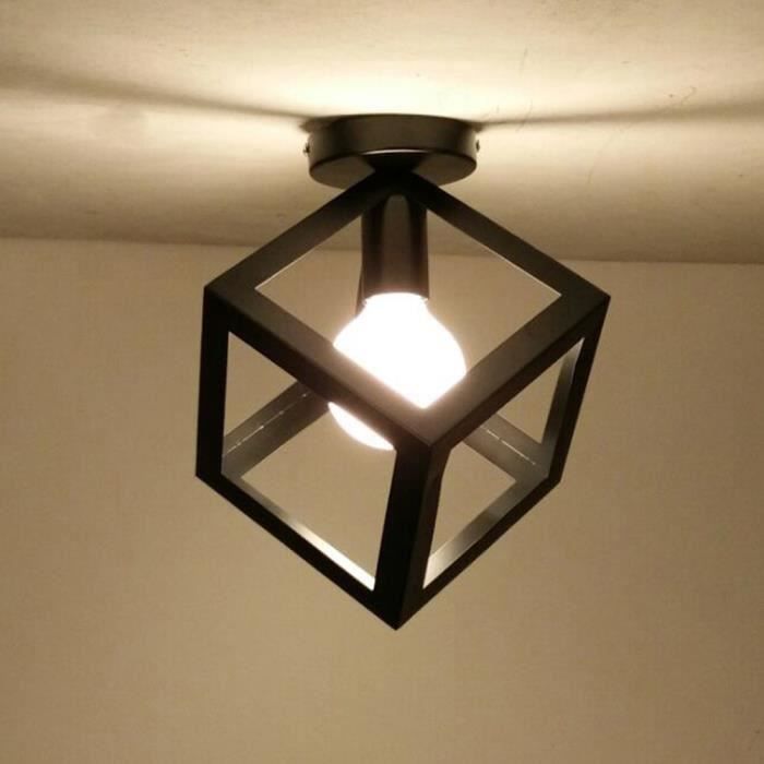 Plafonnier Industrielle en Cage Carré Métal Fer E27 Retro Lustre suspension luminaire pour Salon Cuisine Couloir Noir