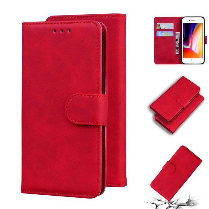 Housse Étui pour Apple iPhone 7 8 SE 2020, PU Cuir et Silicone Souple Toucher Confortable Portefeuille Magnétique Support -Rouge