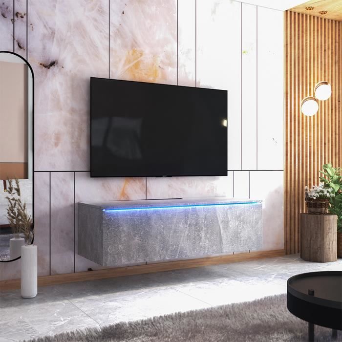 Meuble TV - SKYLARA - 140 cm - béton - style moderne - avec LED