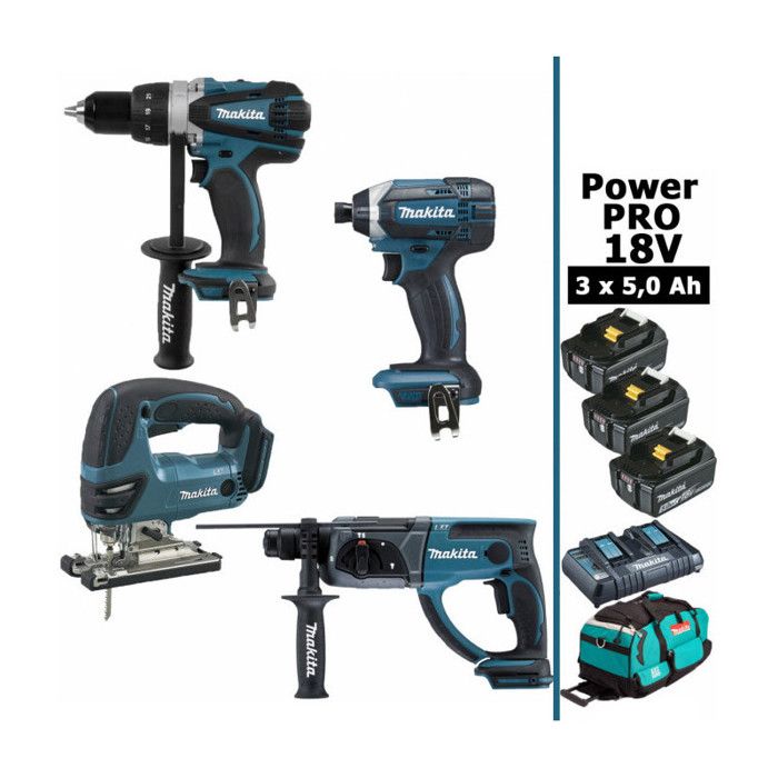 Makita France Pack Makita Power PRO 6 outils 18V: DDF458 + DHR202 + DGA504 + DTD152 + DJV180 + Lampe + 3 batt 5Ah + sac - vue 2
