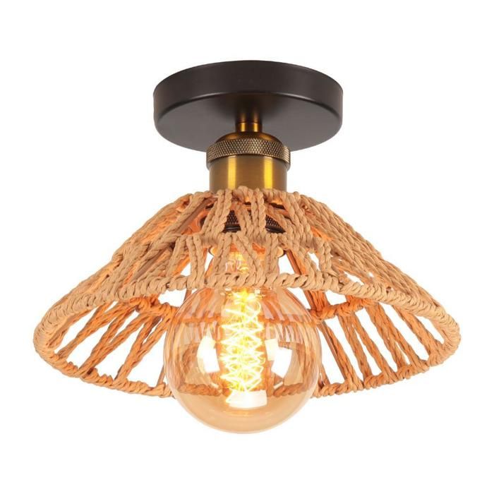 iDEGU Plafonnier Industriel E27 Lampe de Plafond Vintage en Corde de Papier E27 Luminaire Abat-jour en Chapeau pour Salon Chambre