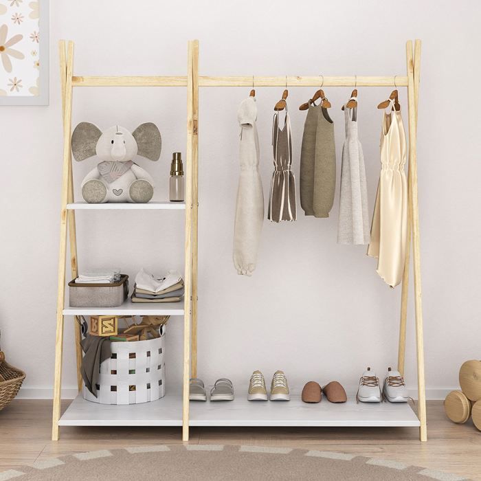 Penderie enfant LOTTE avec 3 étagères Montessori en bois massif coloris naturel et blanc 108x115x47 cm idéale pour garde-robe