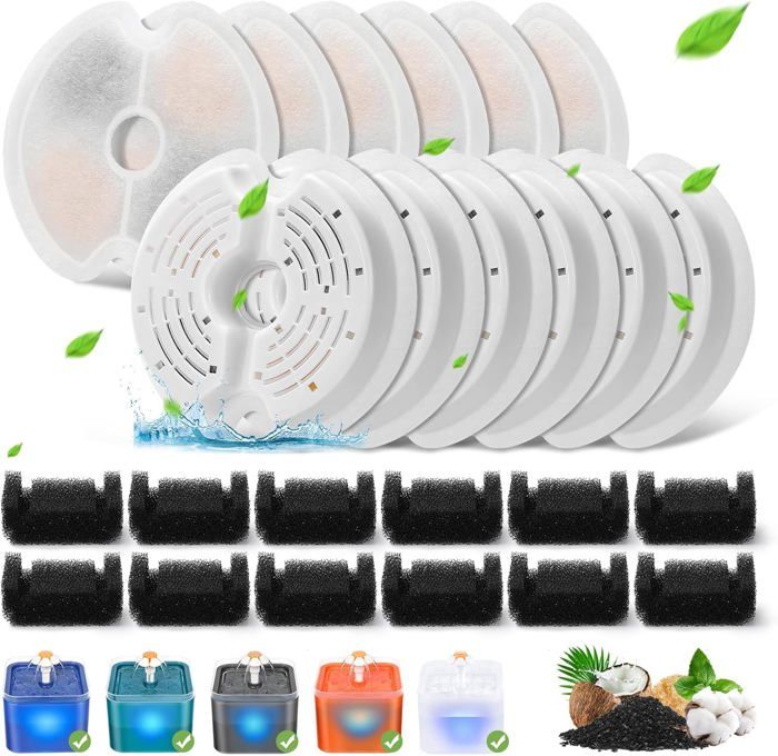 Meilleurs prix pour Filtre Fontaine Eau Chat,12 pièces de Filtre de Rechange pour Fontaine pour Chat 67oz/2L avec éclairage Nocturne LED,12 Filtres 2L