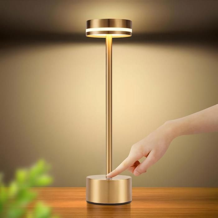 Lampe de Table LED Sans Fil Rechargeable USB-C NETTLIFE - Métal Doré Tactile Dimmable 3000K - 6500K Design Moderne