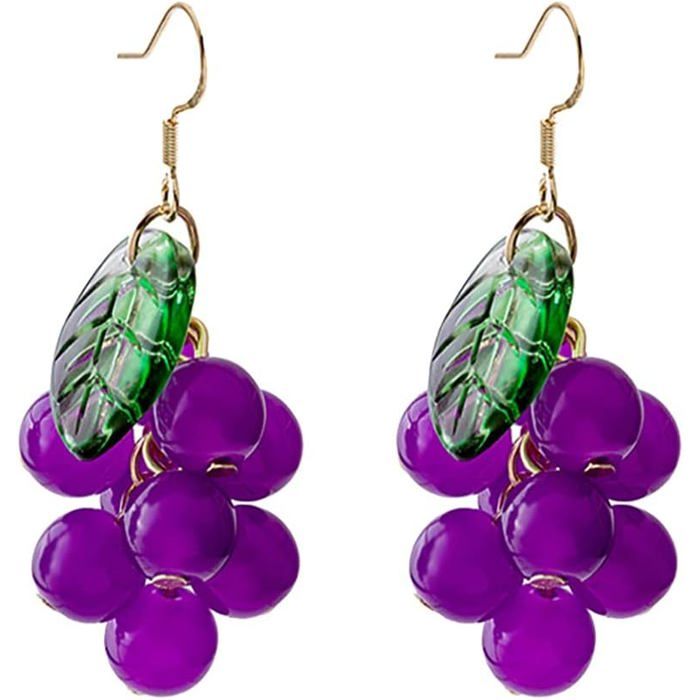 1 Paire Boucles D'Oreilles Raisin 3D En Résine - Boucles Pendantes Fruits Fun Et Colorées Pour Filles Et Femmes
