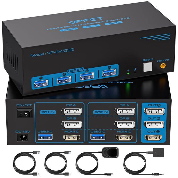 Commutateur KVM 2 PC 3 écrans - Support 8K60Hz HDMI+DisplayPort, 4 Ports USB 3.0, Modes Copie/extension - 4