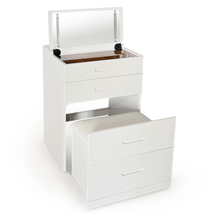 MENZZO Coiffeuse compacte 60cm avec miroir LED tiroir et pouf intégré Germina XL Blanc
