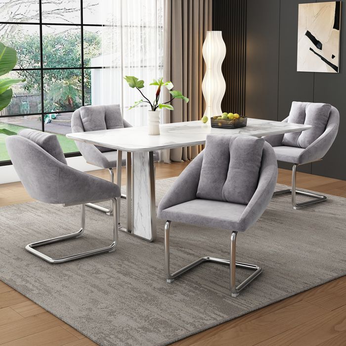 Lot de 4 Chaises de Salle à Manger Fauteuil Lounge en Velours Assise Rembourrée avec Coussin Pieds Métal Gris Lot de 4 Chaises de Salle à Manger Fauteuil Lounge en Velours Assise Rembourrée avec Coussin Pieds Métal Gris