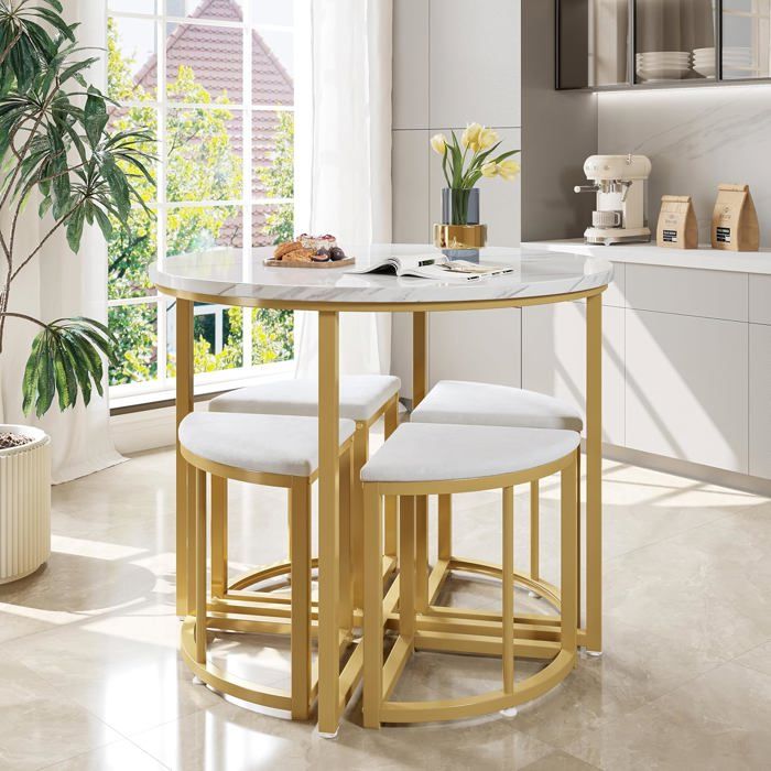 Table a Manger avec 4 Chaises Tables et Chaises Tables de Salle à Manger avec Armature en Fer Chaise en Velours Blanc