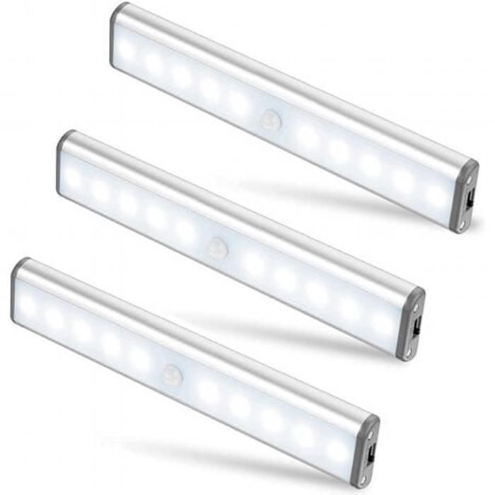 Lot de 3 Lampes 10 LED Sans FilRechargeable par USBAimantéDétecteur de Mouvement2 Modes d’ÉclairagePortable.Lumière dePlacard