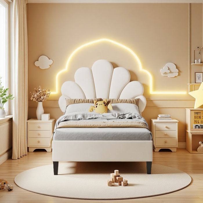 Lit Enfant 90x200 cm avec tête de lit fleurie en velours lit rembourré avec sommier à lattes Lit capitonné pour Fille Beige