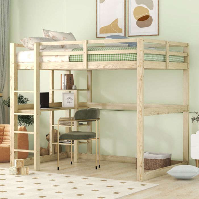 Lit mezzanine - AUTREMENT - 140x200 cm - Bois massif - 4 compartiments de rangement - Naturel