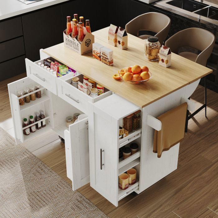 Îlot De Cuisine Mobile Avec Plan De Travail Et Tiroirs - 140 X 40 X 93,5 Cm (dépliable 70 Cm), Roulettes, Rangement Ajustable, Noir Et Grain Bois - 5