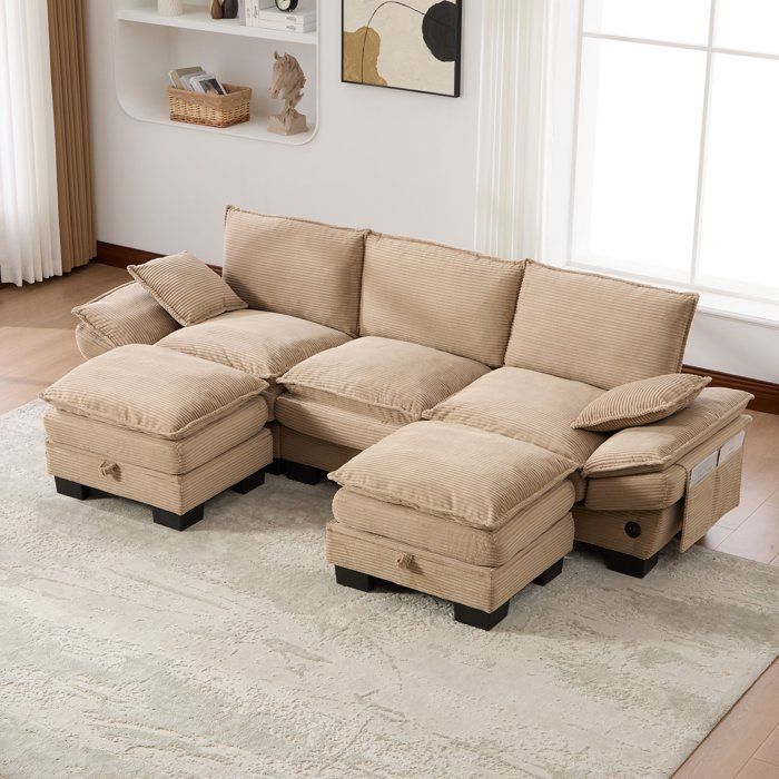 Canapé droit 3 places - GENERIQUE - Modulaire (2 poufs) - Velours côtelé kaki - USB-C intégré - Pouf avec rangement