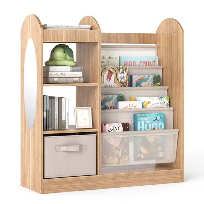 COSTWAY Bibliothèque pour Enfants avec Miroir Pleine Longueur - 4 Étagères et Tiroir en Tissu - pour Chambre Salle de Jeux