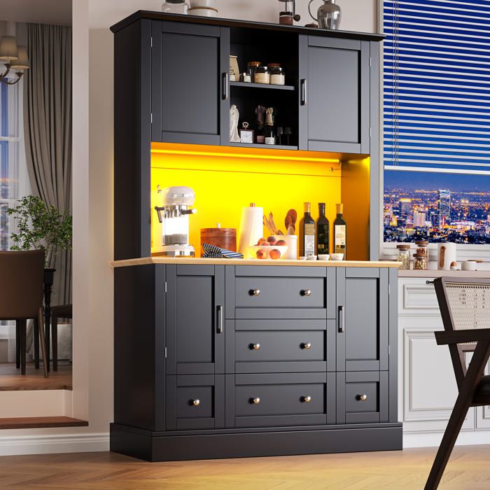 Buffet de cuisine moderne - MODERNLUXE - 115x45x180 cm - 4 portes - 3 tiroirs - 8 étagères - Éclairage LED - Noir Buffet de cuisine moderne - MODERNLUXE - 115x45x180 cm - 4 portes - 3 tiroirs - 8 étagères - Éclairage LED - Noir