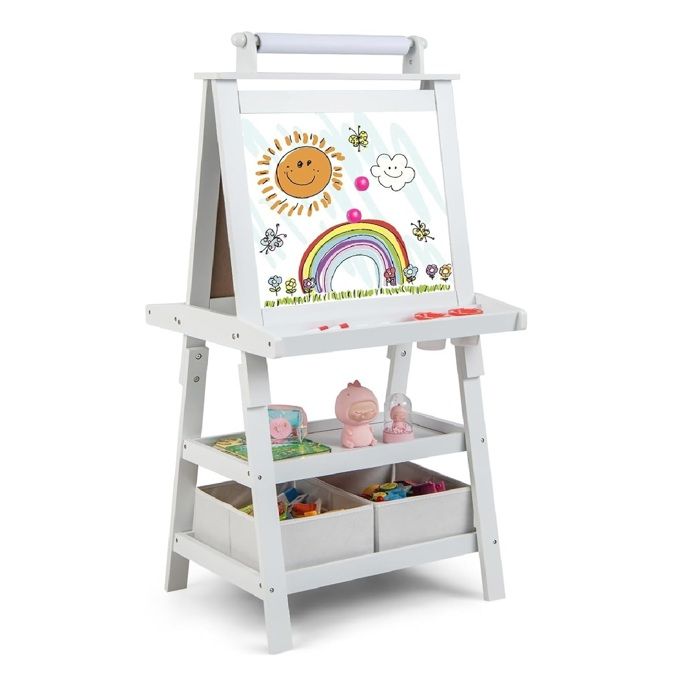 GIANTEX Chevalet pour Enfants-3+ Ans-Tableau Blanc Magnétique et Noir-Rouleau de Papier-2 Étagères de Rangement-59x50x117cm-Blanc