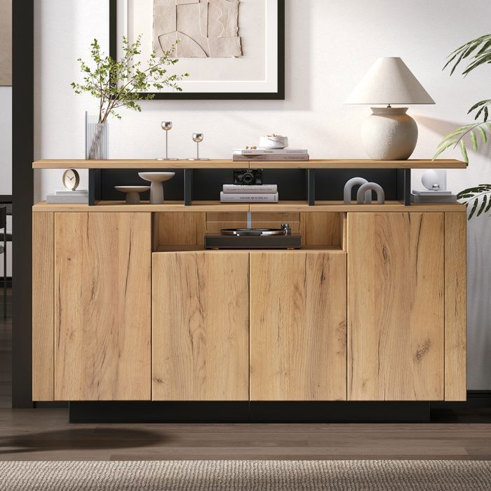 Meuble de Rangement Salon - Buffet Bas - Effet Bois Naturel - 140x40x85 cm - avec 4 Portes et 3 Niches Ouvertes – MERAX