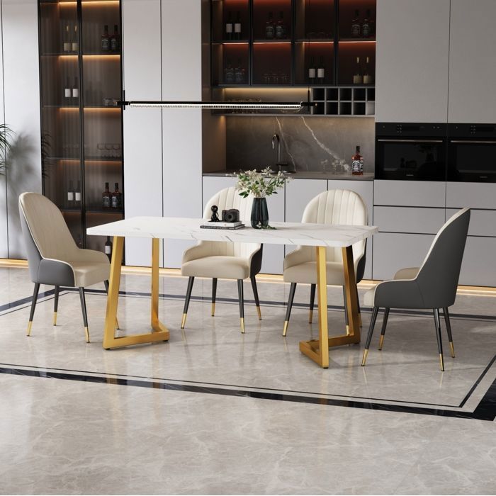 Table à manger blanc et or L 117 x P 68 x H 75 cm plateau MDF effet marbre pieds métal