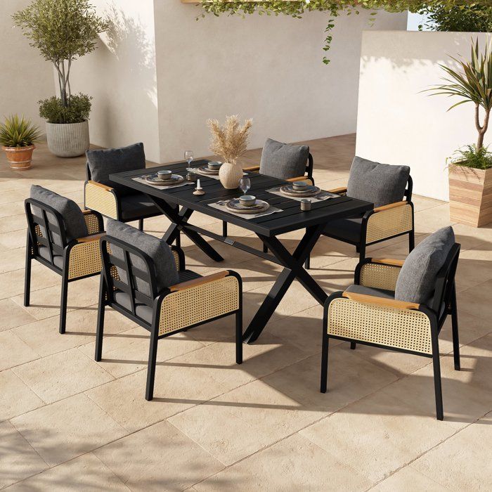 Salon de Jardin extérieur 7 pièces Table de Jardin avec 6 chaises accoudoirs tressés coussin de siègepour BalconTerrassePatio