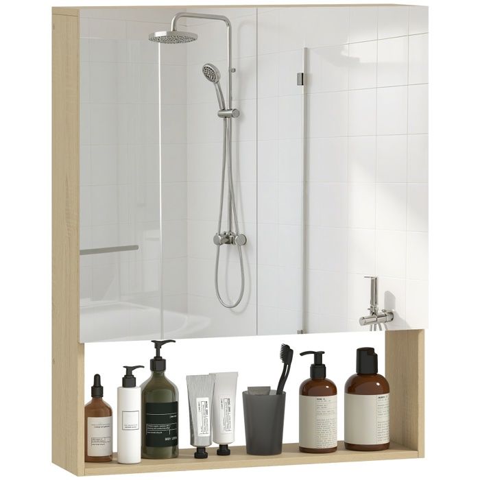 Armoire de salle de bain portes miroir étagère ouverte montage mural MDF panneau de particules chêne