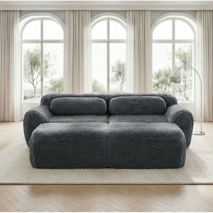 Canapé modulable 2 places en tissu peluche avec 2 ottomans - TCQPZ - livré monté mousse 32D gris 204 × 179 × 73 cm