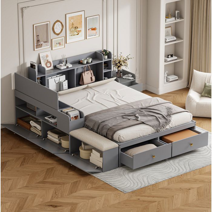 Lit double 140 x 200 cm gris en bois avec rangements intégrés 227 × 145 × 93 cm
