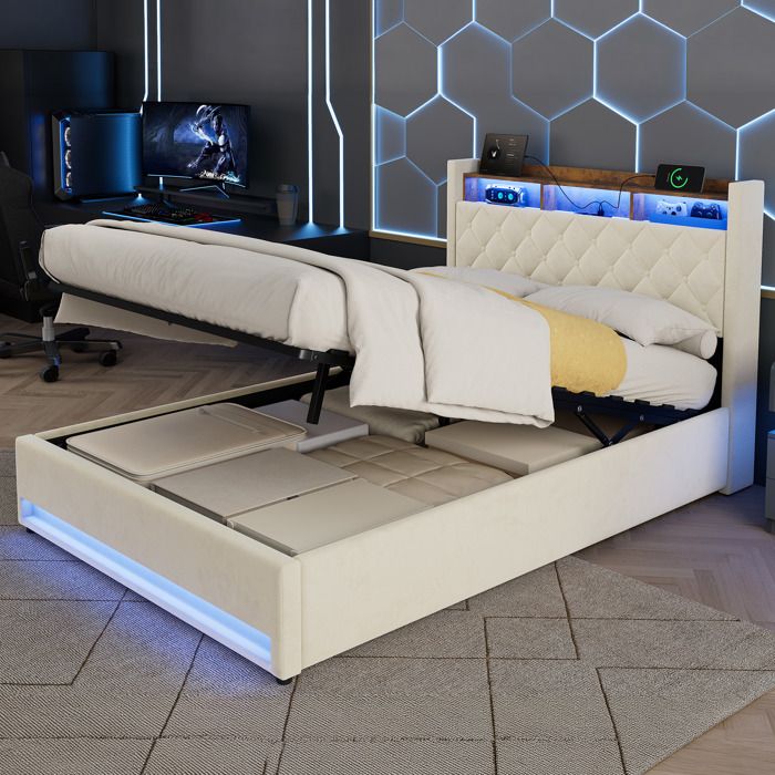 Lit Coffre 140x200 cm - Modenuit - Lit Adulte - LED et USB - Sommier à Lattes - Velours Beige - Sans Matelas