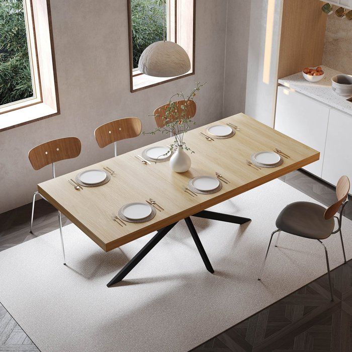 Table à manger extensible 140-180 cm avec rangement caché Table rectangulaire Pieds croisés en métal pour 4 à 6 personnes Naturel