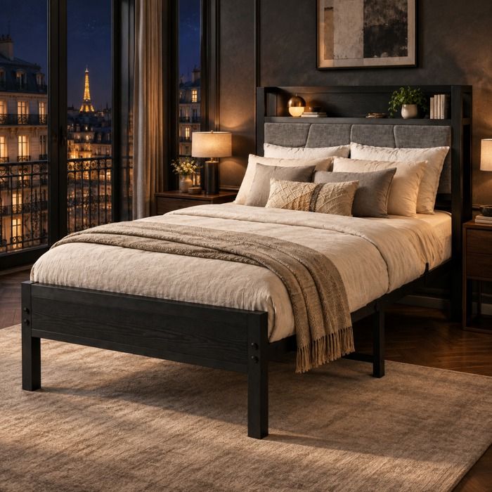 Lit simple en métal noir 90 x 200 cm avec tête de lit de rangement