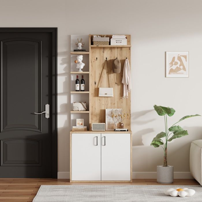 Porte-manteau dentrée 75 cm – Rangement chaussures 5 étagères couleur bois naturel et blanc Porte-manteau dentrée 75 cm – Rangement chaussures 5 étagères couleur bois naturel et blanc