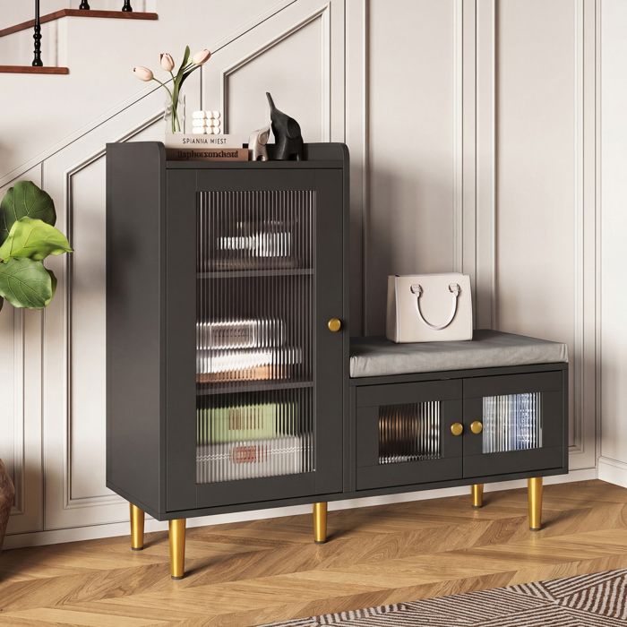 Banc à chaussures avec coussin meuble entrée porte en verre cannelé pieds dorés étagères réglables compartiments noir
