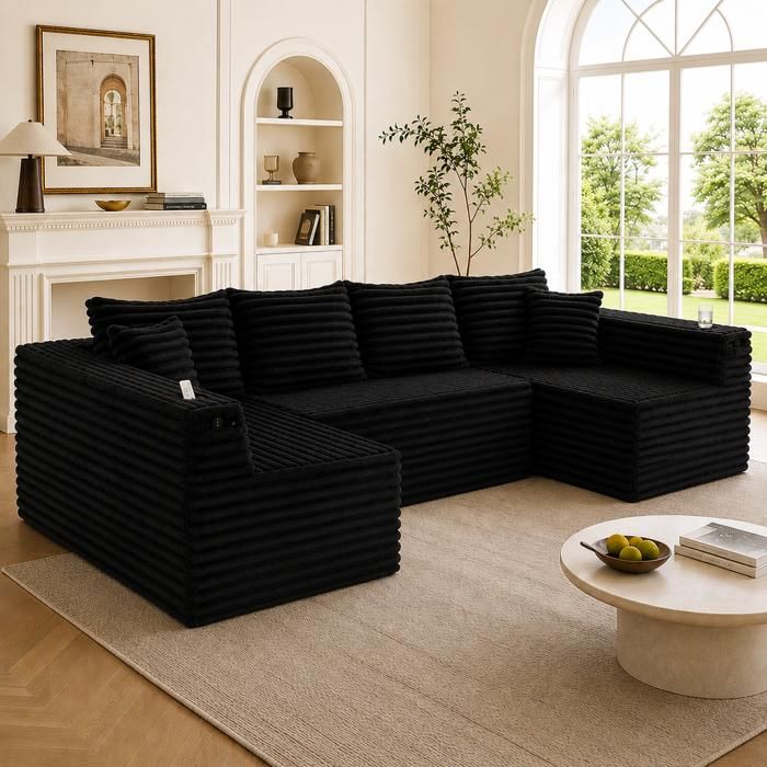 Canapé dangle U - W2845P480633 - Velours côtelé noir - 6 places - Accoudoir porte-gobelet
