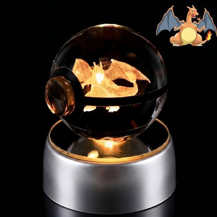 Boule de Cristal 3D Lumineuse avec Socle LED RGB – Veilleuse en verre gravé – style Dracaufeu