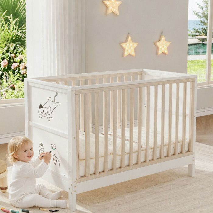 Lit bébé transformable en berceau cododo ou canapé enfant，réglable en hauteur sur 3 positions(Blanc 120×60×90cm)