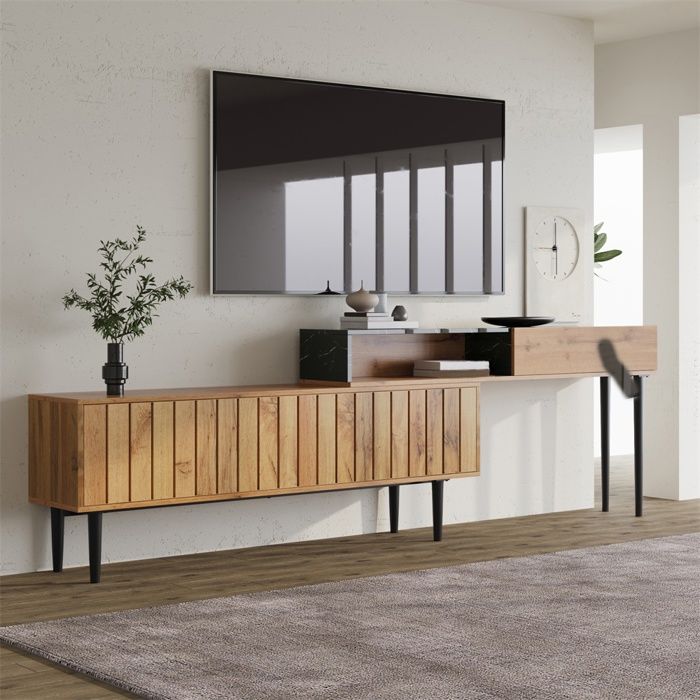 Meuble TV - 129x30x58cm - Style moderne en bois foncé et effet marbre avec chants PVC et pieds robustes en fer - Naturel