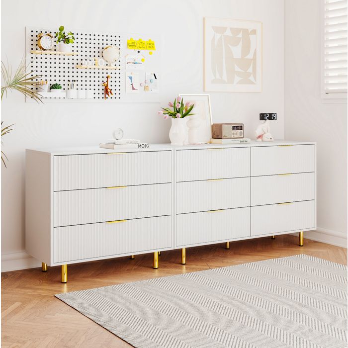 Buffet bas 9 Tiroirs Modulaire Façades Texturées et Pieds Dorés - MODENVIE - Blanc et Or MDF 200×40×72 cm