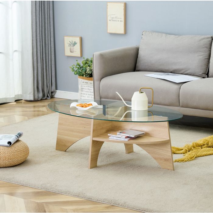 WOVREO Table basse ovale 1049 x 60 x 356 cm en verre de sécurité transparent avec étagère MDF bois clair