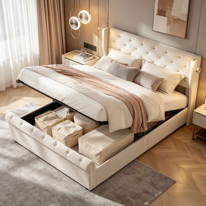 Lit 140x190 cm lampes USB réglables lit double avec sommier et coffre tissu en velours beige