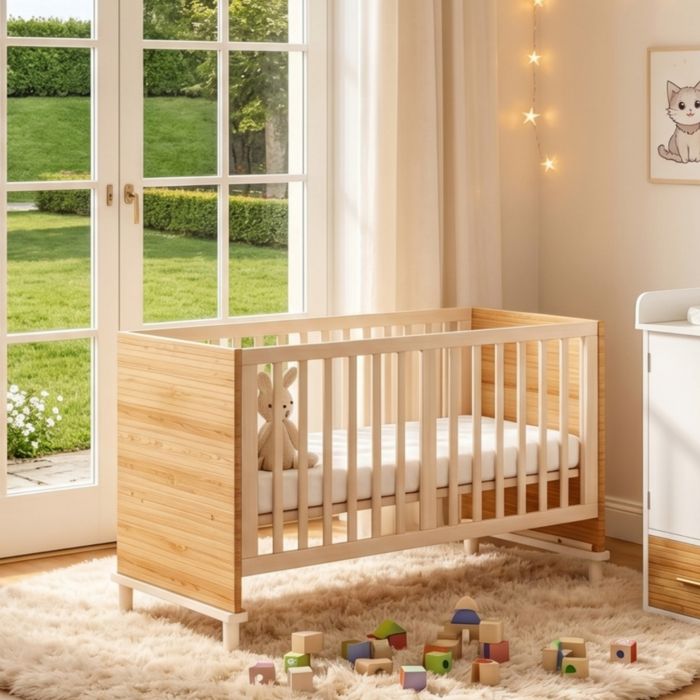 Lit bébé à barreaux 70x140x87 cm sommier réglable sur 5 hauteurs espacement 5 cm finition bois naturel