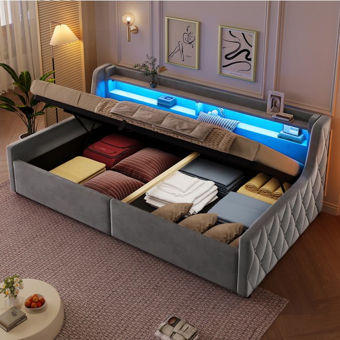 Lit 1 Place Gris 90x200 Flanelle Lit Coffre LED FloraGrace Pour Petite Chambre Rangement Hydraulique 212x105x75cm